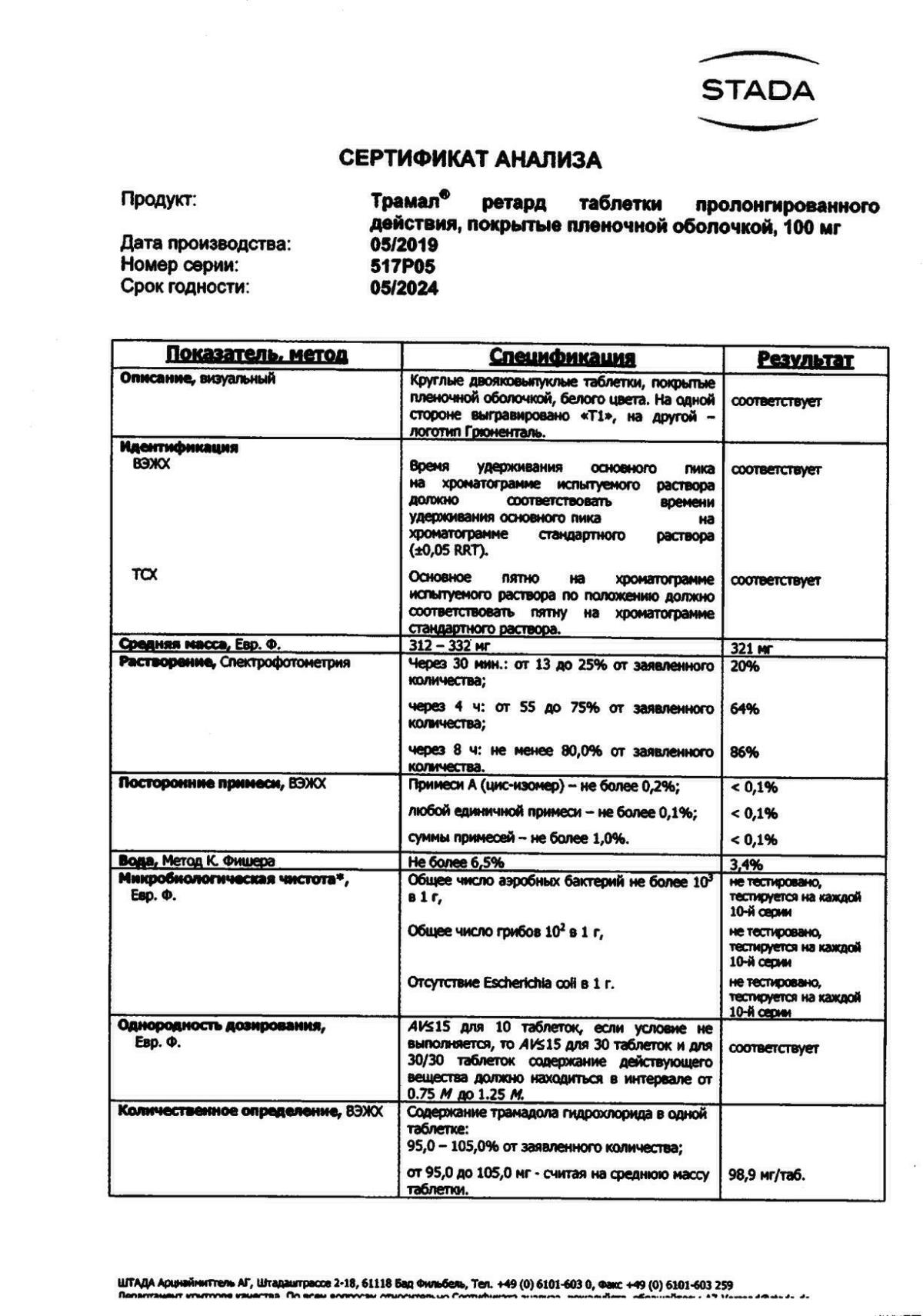 Трамал - купить в аптеке Вита Гусь-Хрустальный, Владимирская область
