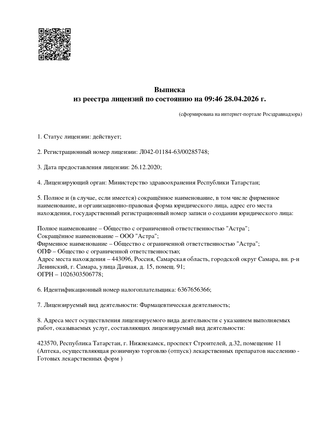 Выписка из реестра лицензий компании-партнера ООО АСТРА страница 1