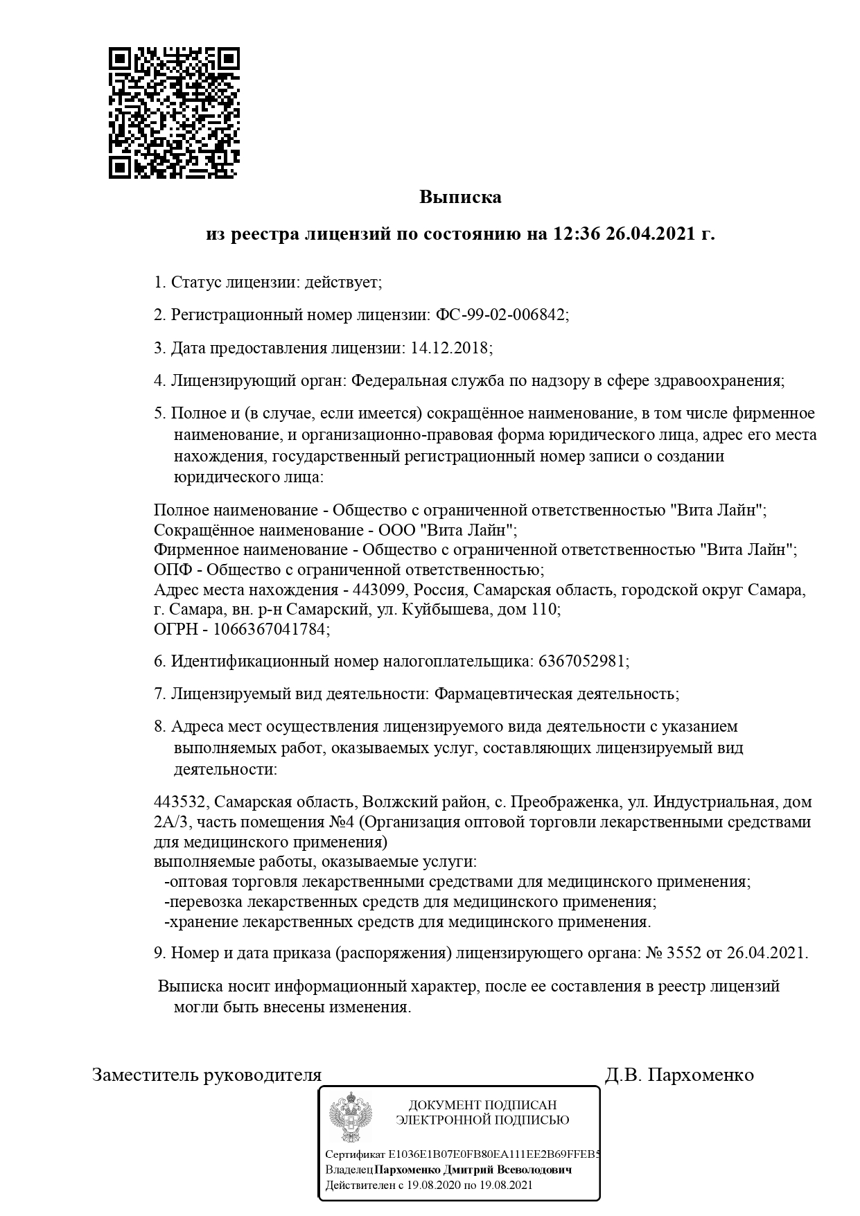 Выписка из реестра лицензий компании-партнера ООО ВИТА ЛАЙН