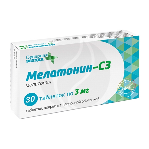 Мелатонин-СЗ таблетки покрыт. п/о 3мг, №30 Таблетки, покрытые пленочной .