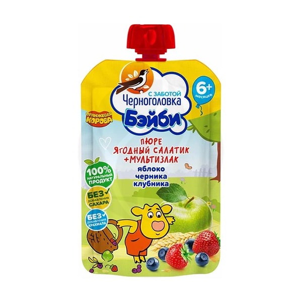 Черноголовка пюре ягодный салатик+мультизлак (6+мес), 85г Пюре Пакет ...
