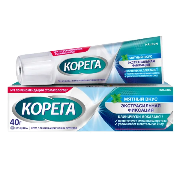 Изображение товара Корега Экстрасильная фиксация крем для зубных протезов мятный вкус 40г Изображение товара Корега Экстрасильная фиксация крем для зубных протезов мятный вкус 40г