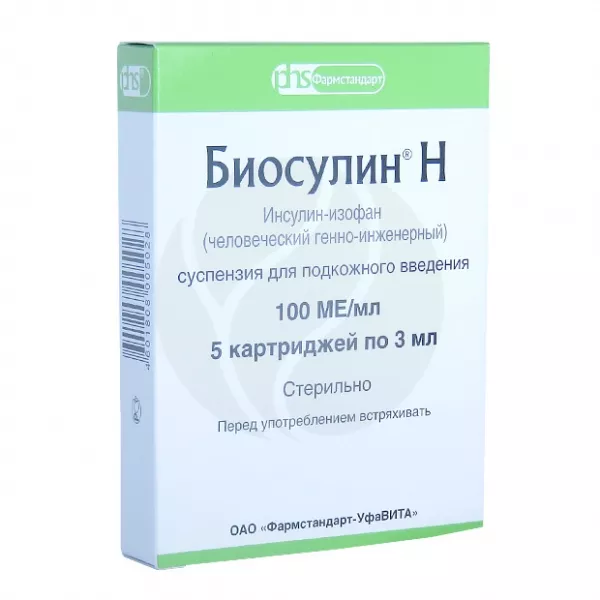 Изображение товара Биосулин Н суспензия для подкожного введения 100МЕ/мл, 3мл №5 Изображение товара Биосулин Н суспензия для подкожного введения 100МЕ/мл, 3мл №5