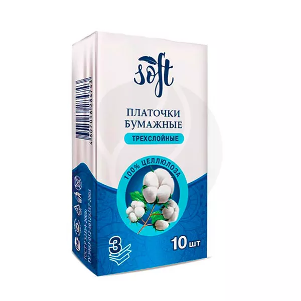 Изображение товара Soft платочки бумажные трехслойные неароматизированные, 10шт Изображение товара Soft платочки бумажные трехслойные неароматизированные, 10шт