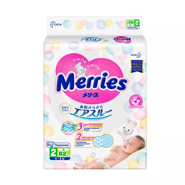 Merries подгузники размер S (4-8кг), №82