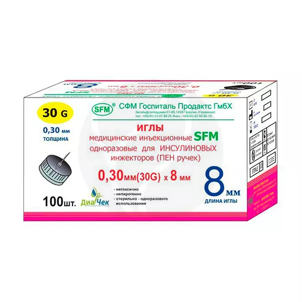 Изображение товара Иглы для инсулиновых инжекторов 30G (0.30х8мм) в упаковке 100 штук Изображение товара Иглы для инсулиновых инжекторов 30G (0.30х8мм) в упаковке 100 штук