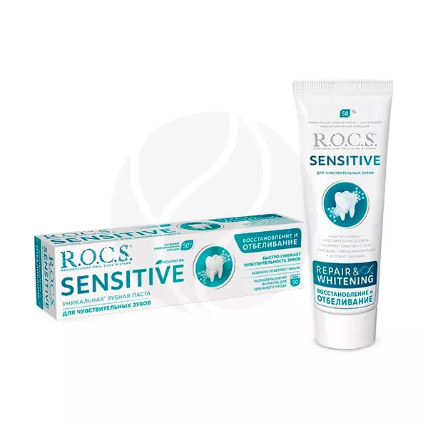 Изображение товара R.O.C.S. Sensitive Восстановление и отбеливание зубная паста 94г Изображение товара R.O.C.S. Sensitive Восстановление и отбеливание зубная паста 94г