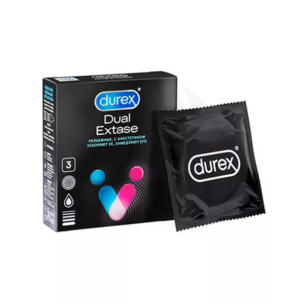Изображение товара Презервативы Durex Dual Extase с анестетиком, рельефные, 195x56 мм Изображение товара Презервативы Durex Dual Extase с анестетиком, рельефные, 195x56 мм