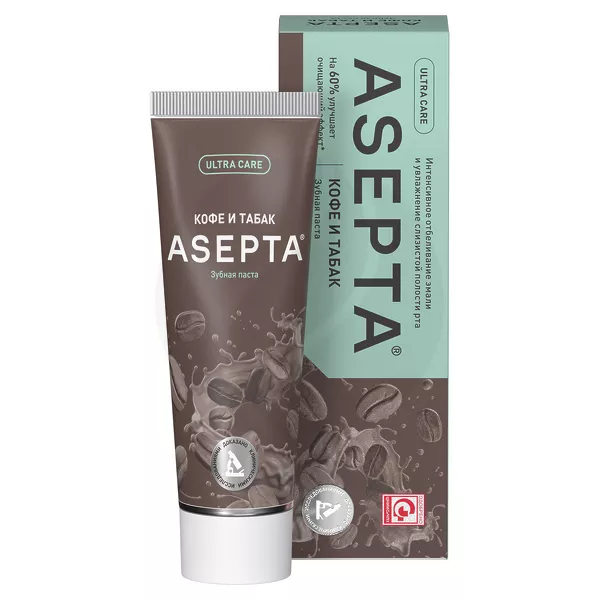Изображение товара Asepta Ultra Care Кофе и табак зубная паста для интенсивного отбеливания, 75мл Изображение товара Asepta Ultra Care Кофе и табак зубная паста для интенсивного отбеливания, 75мл