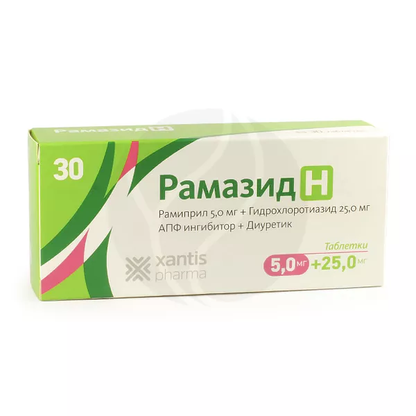 Изображение товара Рамазид Н таблетки покрыт. п/о 25мг+5мг, №30 Изображение товара Рамазид Н таблетки покрыт. п/о 25мг+5мг, №30
