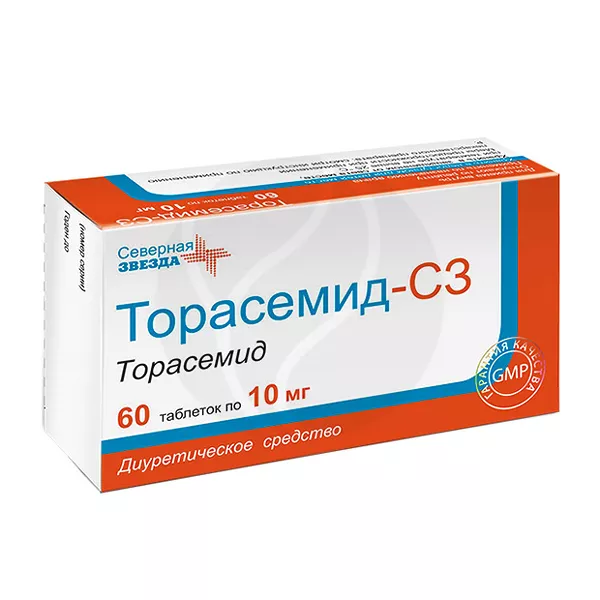 Изображение товара Торасемид-СЗ таблетки 10мг, No60 - эффективное диуретическое средство для лечения отеков и гипертенз Изображение товара Торасемид-СЗ таблетки 10мг, No60 - эффективное диуретическое средство для лечения отеков и гипертенз