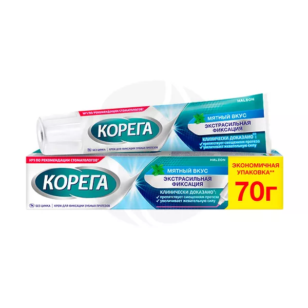 Изображение товара Корега Экстрасильная фиксация крем для фиксации зубных протезов мятный вкус, 70г Изображение товара Корега Экстрасильная фиксация крем для фиксации зубных протезов мятный вкус, 70г
