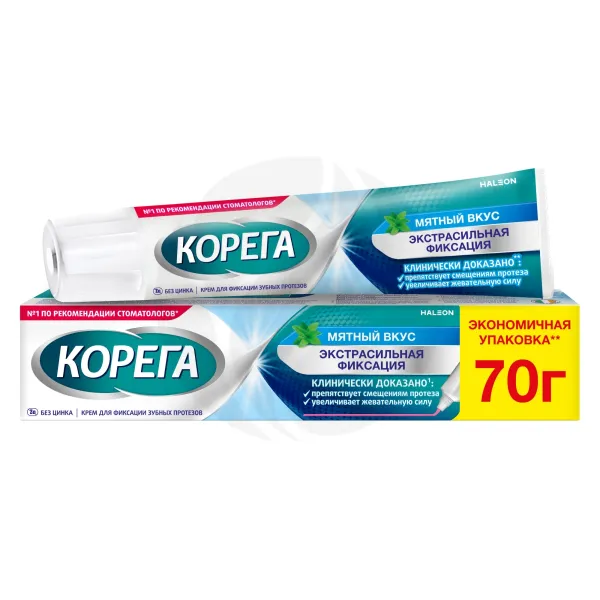 Изображение товара Крем для фиксации зубных протезов Корега Экстра сильный мятный 70г Изображение товара Крем для фиксации зубных протезов Корега Экстра сильный мятный 70г