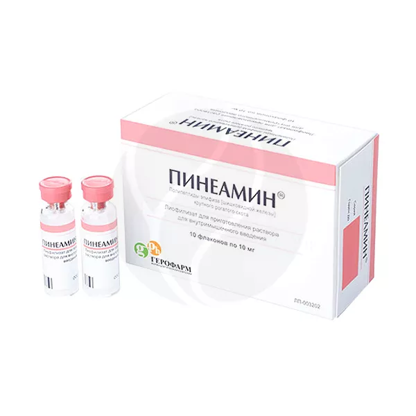 Изображение товара Пинеамин лиофилизат д/пригот. р-ра д/инъекций 10мг, №10 Изображение товара Пинеамин лиофилизат д/пригот. р-ра д/инъекций 10мг, №10