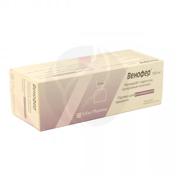 Изображение товара Венофер раствор для внутривенного введения 20 мг/мл, 5 мл No5 - препарат железа для лечения анемий