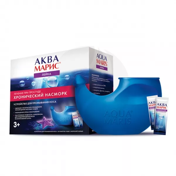 Изображение товара Устройство для промывания носа Аква Марис Лейка с морской солью 30 пакетов-саше