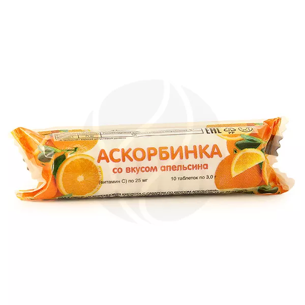 Изображение товара Аскорбиновая кислота с сахаром Апельсин таблетки 25мг, №10 Изображение товара Аскорбиновая кислота с сахаром Апельсин таблетки 25мг, №10
