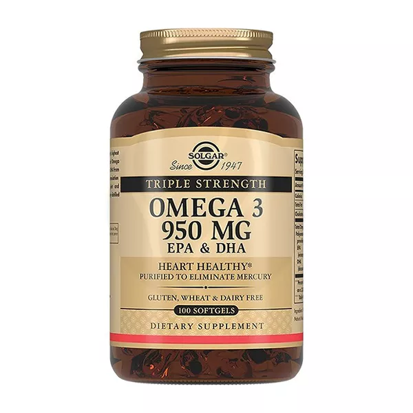 Изображение товара Solgar Тройная омега 3 капсулы 950 мг 100 шт., высокое содержание EPA и DHA Изображение товара Solgar Тройная омега 3 капсулы 950 мг 100 шт., высокое содержание EPA и DHA