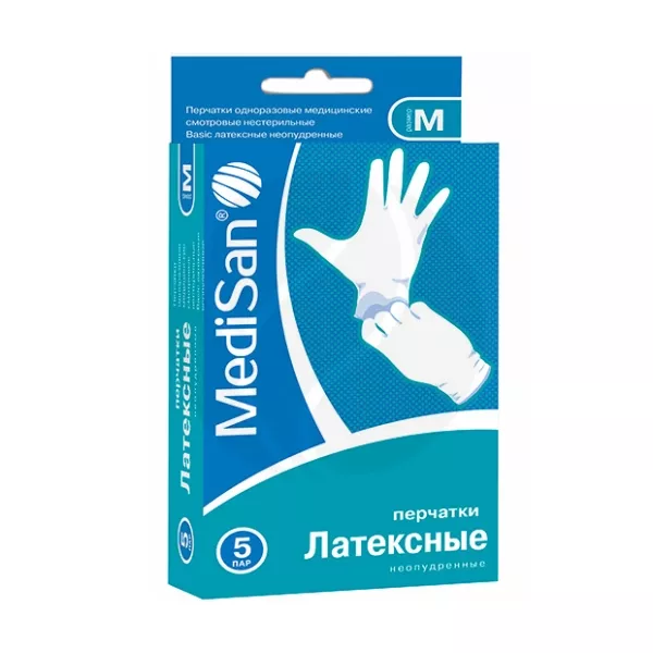 MediSan перчатки смотровые латексные нестерильные неопудренные (размер М), №5