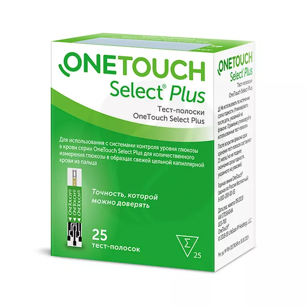 Изображение товара Тест-полоски OneTouch Select Plus для глюкометра, 25 шт Изображение товара Тест-полоски OneTouch Select Plus для глюкометра, 25 шт