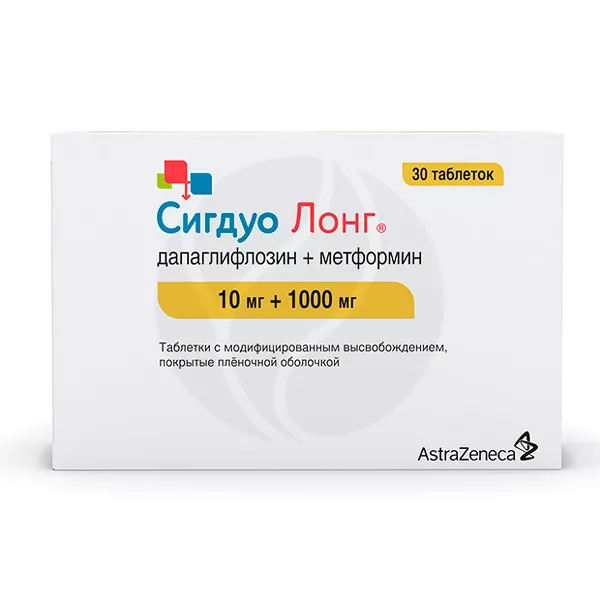 Изображение товара Сигдуо Лонг таблетки с модиф.высв.покрыт.п/о 10мг+1000мг, №30 Изображение товара Сигдуо Лонг таблетки с модиф.высв.покрыт.п/о 10мг+1000мг, №30