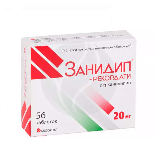 Изображение товара Занидип Рекордати таблетки п/о 20мг 56шт для гипертонии и сердечно-сосудистых заболеваний Изображение товара Занидип Рекордати таблетки п/о 20мг 56шт для гипертонии и сердечно-сосудистых заболеваний