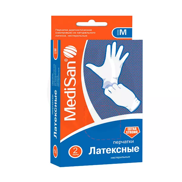 Изображение товара Медицинские латексные смотровые перчатки MediSan Extra Strong нестерильные М 2 пары Изображение товара Медицинские латексные смотровые перчатки MediSan Extra Strong нестерильные М 2 пары