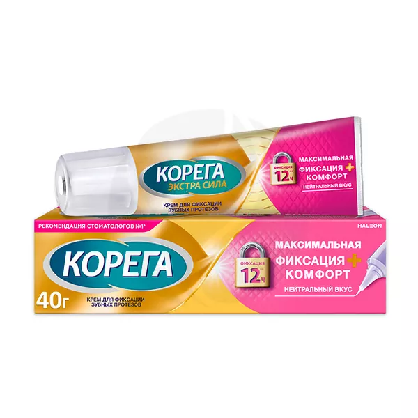 Изображение товара Корега крем для фиксации зубных протезов нейтральный вкус Максимальная фиксация+комфорт, 40г Изображение товара Корега крем для фиксации зубных протезов нейтральный вкус Максимальная фиксация+комфорт, 40г