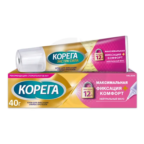 Изображение товара Корега крем для фиксации зубных протезов нейтральный вкус Максимальная фиксация+комфорт, 40г Изображение товара Корега крем для фиксации зубных протезов нейтральный вкус Максимальная фиксация+комфорт, 40г