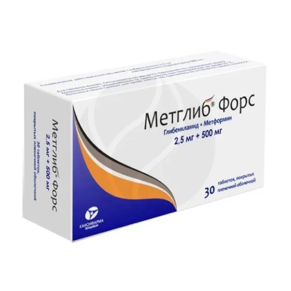 Изображение товара Метглиб Форс таблетки покрыт. п/о 2,5мг+500мг, №30 Изображение товара Метглиб Форс таблетки покрыт. п/о 2,5мг+500мг, №30