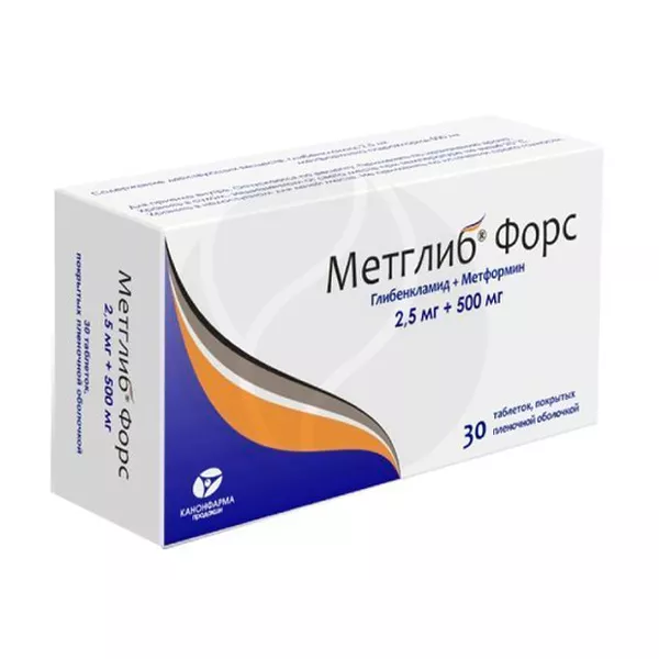 Изображение товара Метглиб Форс таблетки покрыт. п/о 2,5мг+500мг, №30 Изображение товара Метглиб Форс таблетки покрыт. п/о 2,5мг+500мг, №30