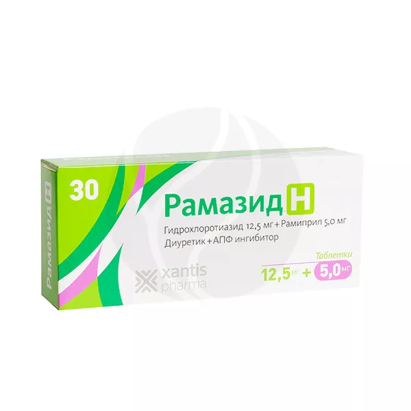 Изображение товара Рамазид Н таблетки п/о 12,5мг+5мг, №30 Изображение товара Рамазид Н таблетки п/о 12,5мг+5мг, №30