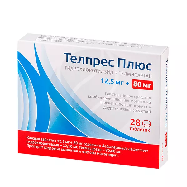 Изображение товара Телпрес Плюс таблетки 80мг+12,5мг, №28 Изображение товара Телпрес Плюс таблетки 80мг+12,5мг, №28