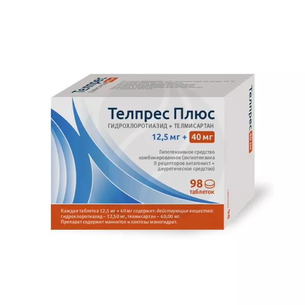 Изображение товара Телпрес Плюс таблетки 40мг+12,5мг, №98 Изображение товара Телпрес Плюс таблетки 40мг+12,5мг, №98