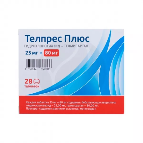 Изображение товара Телпрес Плюс таблетки 80мг+25мг, №28 Изображение товара Телпрес Плюс таблетки 80мг+25мг, №28