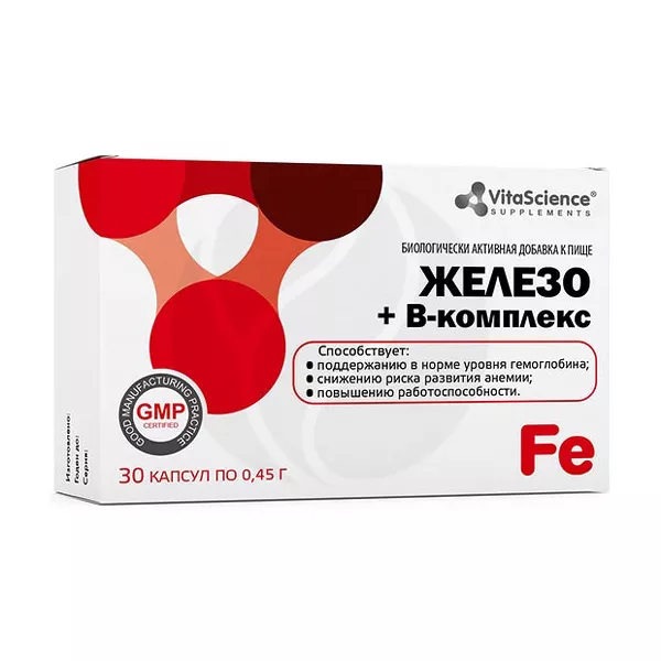 Изображение товара Vitascience Железо+В-комплекс капсулы для поддержки здоровья Изображение товара Vitascience Железо+В-комплекс капсулы для поддержки здоровья