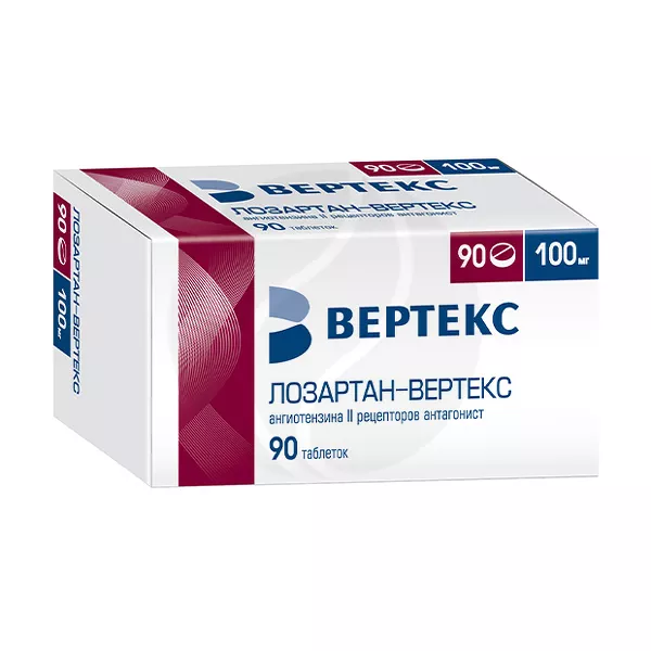 Изображение товара Лозартан-Вертекс таблетки покрыт. п/о 100мг, №90 Изображение товара Лозартан-Вертекс таблетки покрыт. п/о 100мг, №90