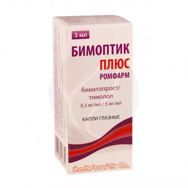 Изображение товара Глазные капли Бимоптик плюс Биматопрост; Тимолол Румыния 3 мл Изображение товара Глазные капли Бимоптик плюс Биматопрост; Тимолол Румыния 3 мл