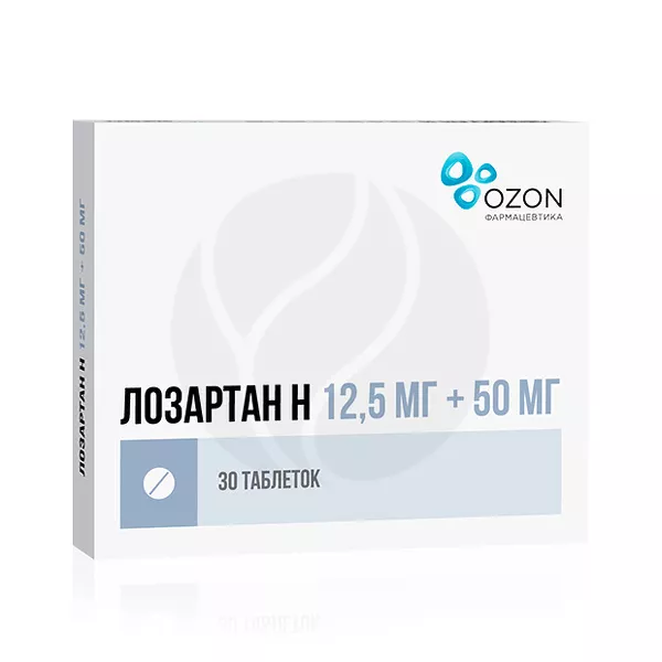Изображение товара Лозартан Н таблетки покрыт. п/о 12,5мг+50мг, №30 Озон Изображение товара Лозартан Н таблетки покрыт. п/о 12,5мг+50мг, №30 Озон