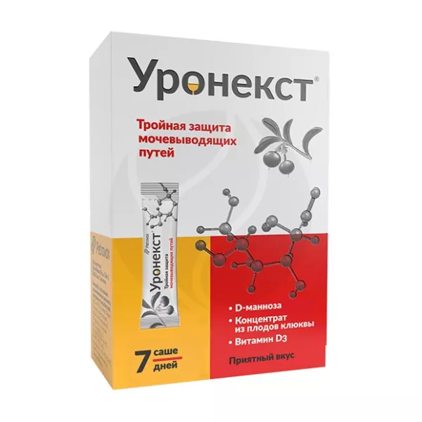 Изображение товара Уронекст порошок для внутреннего приема с витамином D3 и клюквой 2,6 г 7 саше