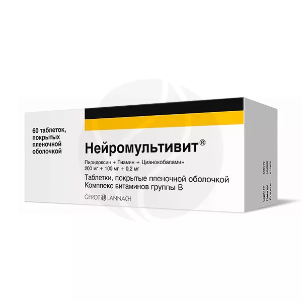 Изображение товара Нейромультивит таблетки покрыт. п/о 200мг+100мг+0,2мг, №60 Изображение товара Нейромультивит таблетки покрыт. п/о 200мг+100мг+0,2мг, №60