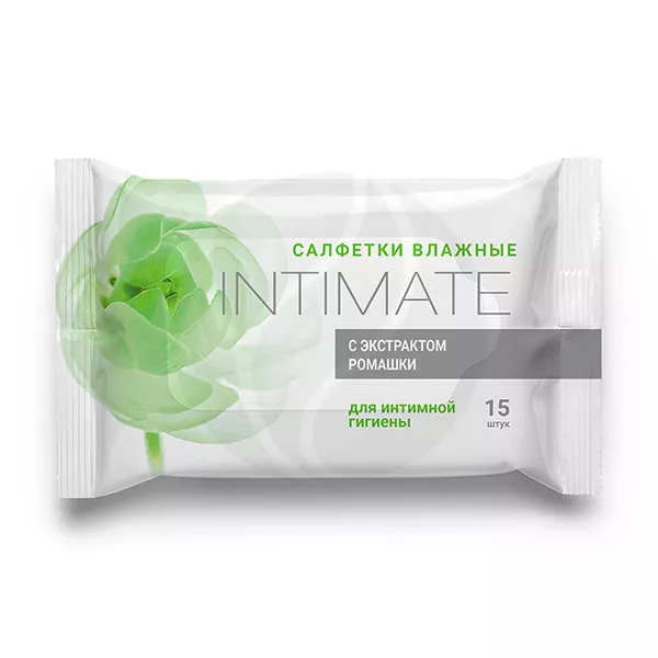 Изображение товара Intimate салфетки влажные для интимной гигиены с экстрактом ромашки, 15шт Изображение товара Intimate салфетки влажные для интимной гигиены с экстрактом ромашки, 15шт
