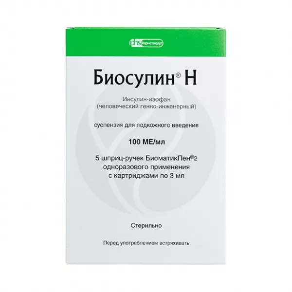 Биосулин Н суспензия д/п/к введ. 100МЕ/мл, картриджи+шприц-ручка 3мл №5