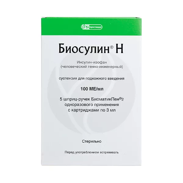 Изображение товара Биосулин Н суспензия д/п/к введ. 100МЕ/мл, картриджи+шприц-ручка 3мл №5 Изображение товара Биосулин Н суспензия д/п/к введ. 100МЕ/мл, картриджи+шприц-ручка 3мл №5