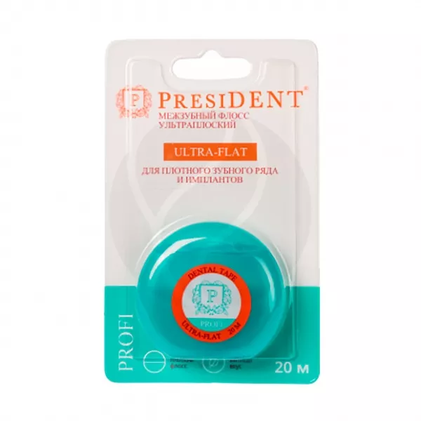 Изображение товара Межзубный флосс PresiDENT Ultra-Flat 20м Ультраплоский с мятой для узких межзубных промежутков