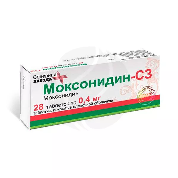 Изображение товара Моксонидин-СЗ таблетки покрыт. 0,4мг №28 для лечения гипертонии Изображение товара Моксонидин-СЗ таблетки покрыт. 0,4мг №28 для лечения гипертонии