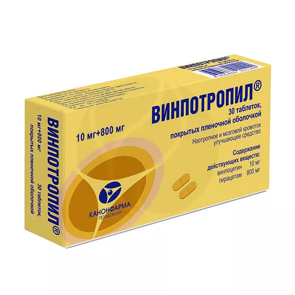 Изображение товара Винпотропил таблетки покрыт. п/о 10мг+800мг, №30 Изображение товара Винпотропил таблетки покрыт. п/о 10мг+800мг, №30