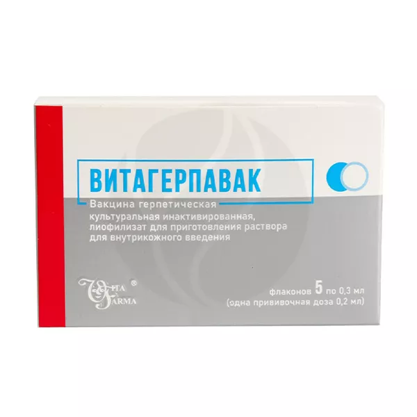 Изображение товара Вакцина герпетическая Витагерпавак лиофилизат д/пригот. р-ра д/инъекций, 0,3мл №5 Изображение товара Вакцина герпетическая Витагерпавак лиофилизат д/пригот. р-ра д/инъекций, 0,3мл №5