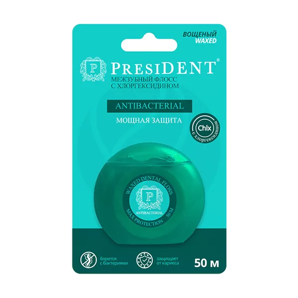 Изображение товара Межзубный флосс PRESIDENT Antibacterial 50м с хлоргексидином и мятой Изображение товара Межзубный флосс PRESIDENT Antibacterial 50м с хлоргексидином и мятой