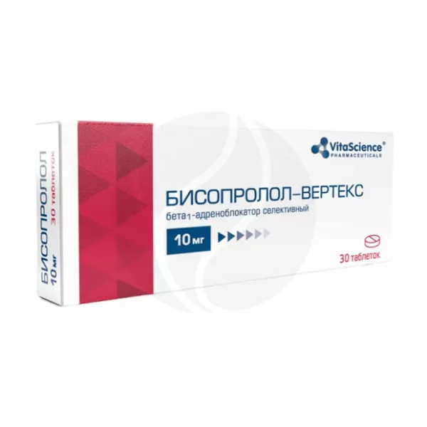 Изображение товара Бисопролол-Вертекс таблетки покрытые 10 мг №30 для гипертонии и сердечных болезней